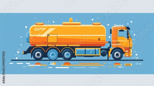 Cartoon of a large orange fuel tanker truck transporting flammable cargo or gasoline on a snowy winter highway  Commercial transportation and logistics concept