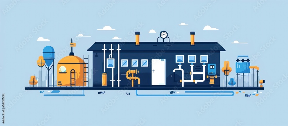 Fototapeta premium Detailed of an industrial complex featuring various factory buildings utility infrastructure like pipework and storage tanks