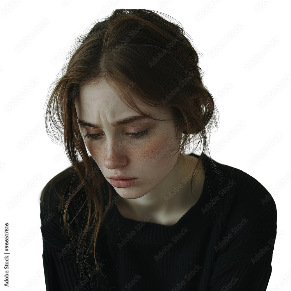 Portrait of a young woman with a pensive expression, looking down. She has a troubled, thoughtful look, dressed in a black sweater. Portrait of a young woman with a pensive expression, looking down. She has a troubled, thoughtful look, dressed in a black sweater.