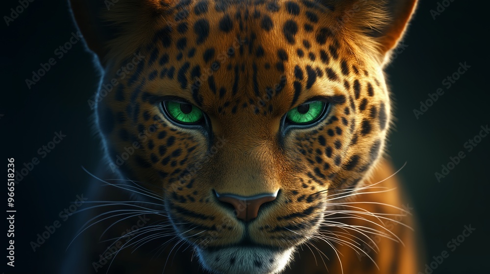 A close up of a leopard's face with green eyes A close up of a leopard's face with green eyes