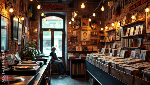 Music lovers relax in a cozy vintage record store showcasing vinyl records and eclectic decor during the afternoon hours. Generative AI