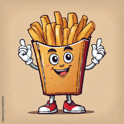 French fries in box with cute funny face. Fried potato sticks in pack with eyes and mouth. Happy chips character smiling. Colored flat cartoon vector illustration of adorable comic fast food fries.