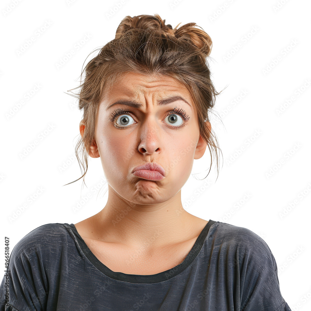 Young woman with confused expression, furrowed brows, and pouting lips wearing a casual t-shirt. Isolated on white background. Young woman with confused expression, furrowed brows, and pouting lips wearing a casual t-shirt. Isolated on white background.