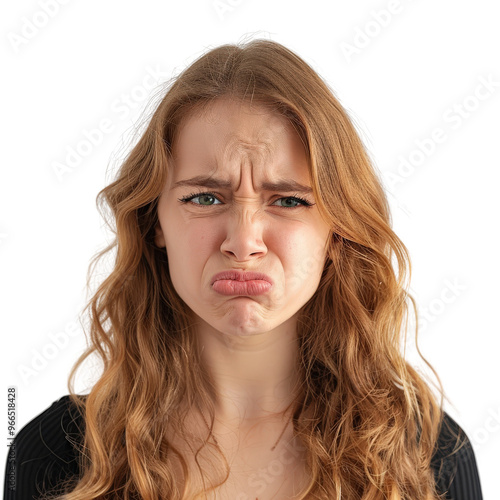 Young woman with curly hair making a disgusted face expressing disapproval or unhappiness over a white background.