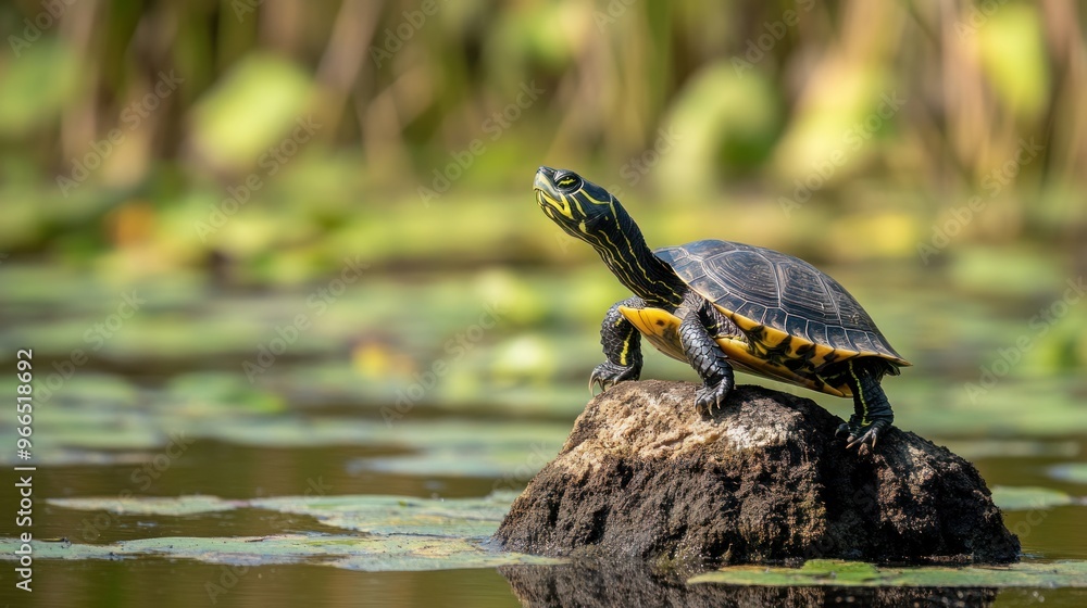 Fototapeta premium Turtle basking on a rock in a pond