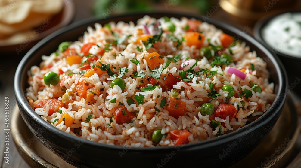Steaming plate of veg pulao with mixed vegetables and fragrant spices served with a side of raita Steaming plate of veg pulao with mixed vegetables and fragrant spices served with a side of raita