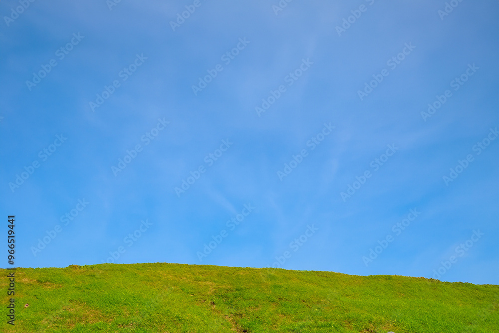 Lush green grass hill with clear blue sky. Lush green grass hill with clear blue sky.