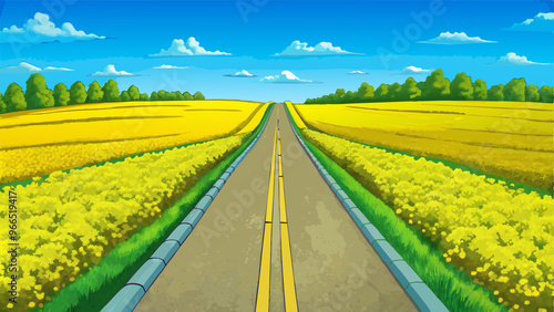 a scene road with lush yellow rapeseed fields stretching to the horizon under a clear blue sky,