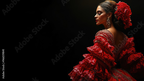 spanish woman in traditional red dress dancing flamenco on dark background, hispanic heritage, national dance, young beautiful latin american brunette girl, spain, culture, female portrait, dancer