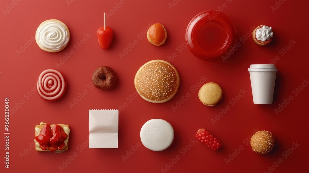 Assorted Miniature Food and Drinks on a Red Background Assorted Miniature Food and Drinks on a Red Background