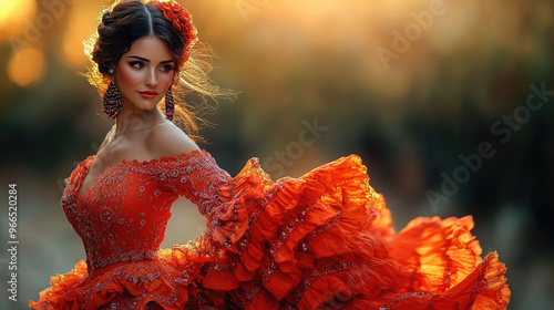 spanish woman in traditional red dress dancing flamenco on dark background, hispanic heritage, national dance, young beautiful latin american brunette girl, spain, culture, female portrait, dancer