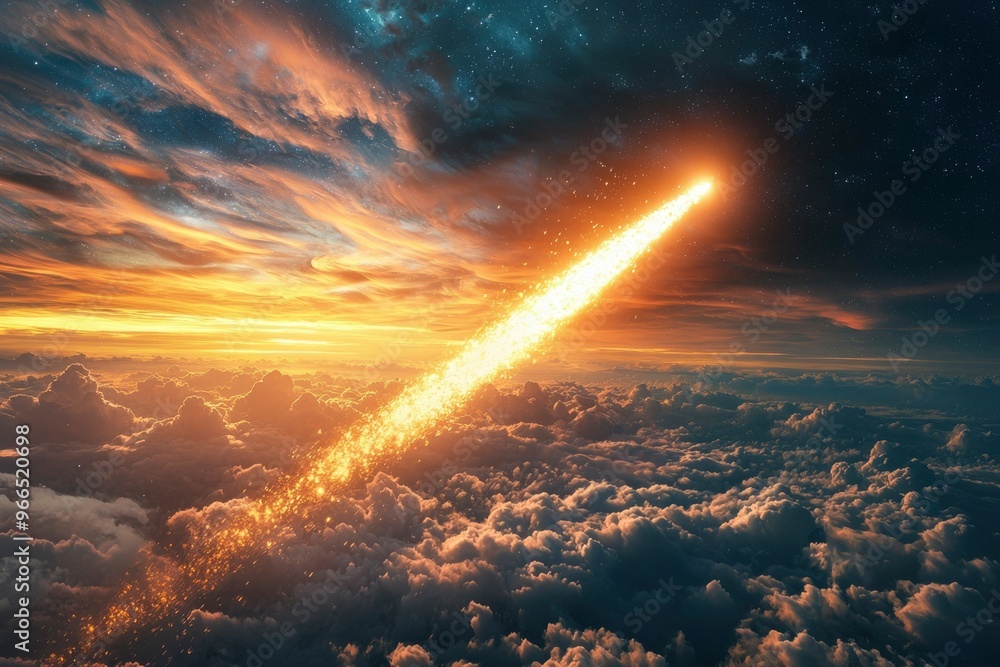A fiery meteor streaks through the sky above a sea of clouds and stars. A fiery meteor streaks through the sky above a sea of clouds and stars.