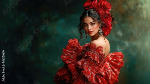spanish woman in traditional red dress dancing flamenco on dark background, hispanic heritage, national dance, young beautiful latin american brunette girl, spain, culture, female portrait, dancer