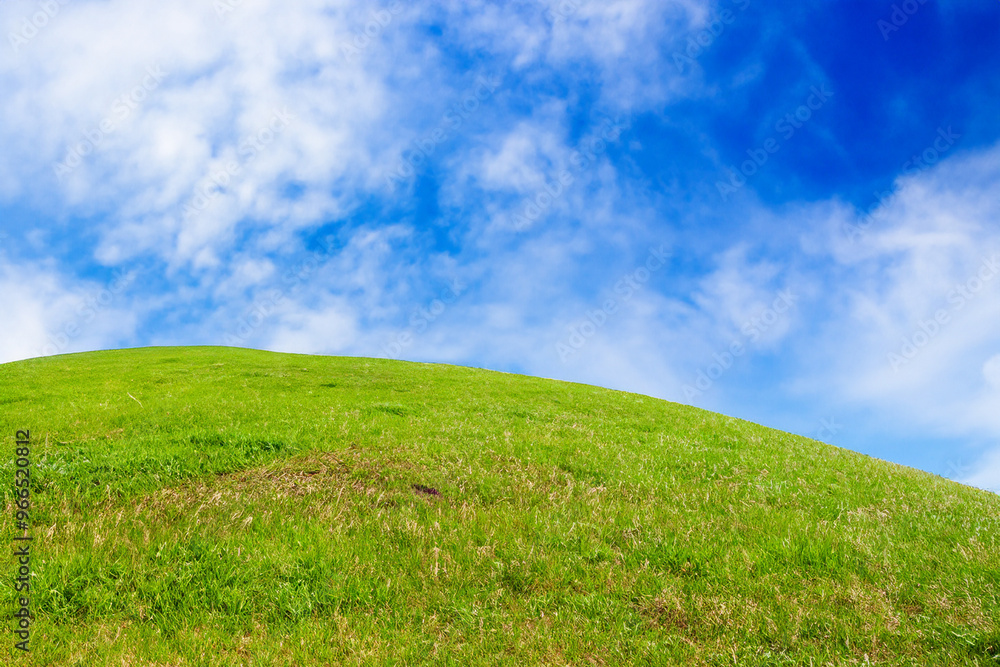Green grassy hill with blue sky and clouds. Green grassy hill with blue sky and clouds.