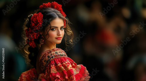 spanish woman in traditional red dress dancing flamenco on dark background, hispanic heritage, national dance, young beautiful latin american brunette girl, spain, culture, female portrait, dancer
