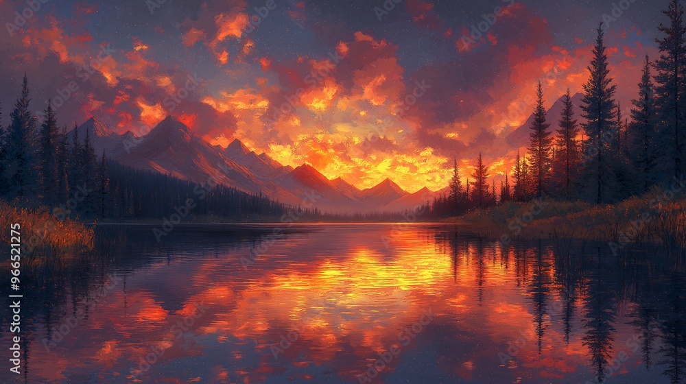 Fiery Sunset Reflection Mountain Lake Fiery Sunset Reflection Mountain Lake