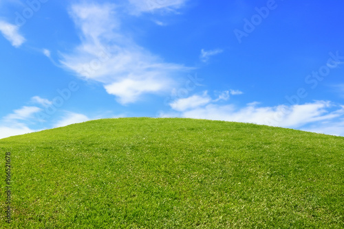 A green grassy hill under a bright blue sky with fluffy white clouds.