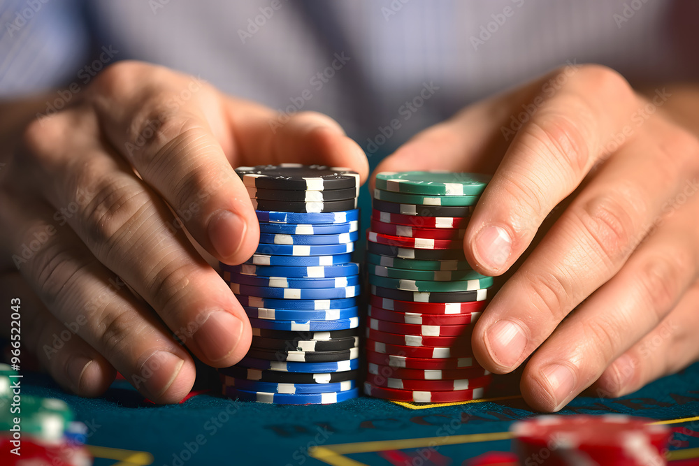 Hands arranging poker chips on casino table with green felt background Hands arranging poker chips on casino table with green felt background