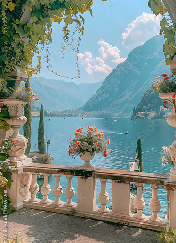 Fototapeta Naklejka Na Ścianę i Meble -  Scenic lake como terrace view with mountains and flowers under clear blue sky