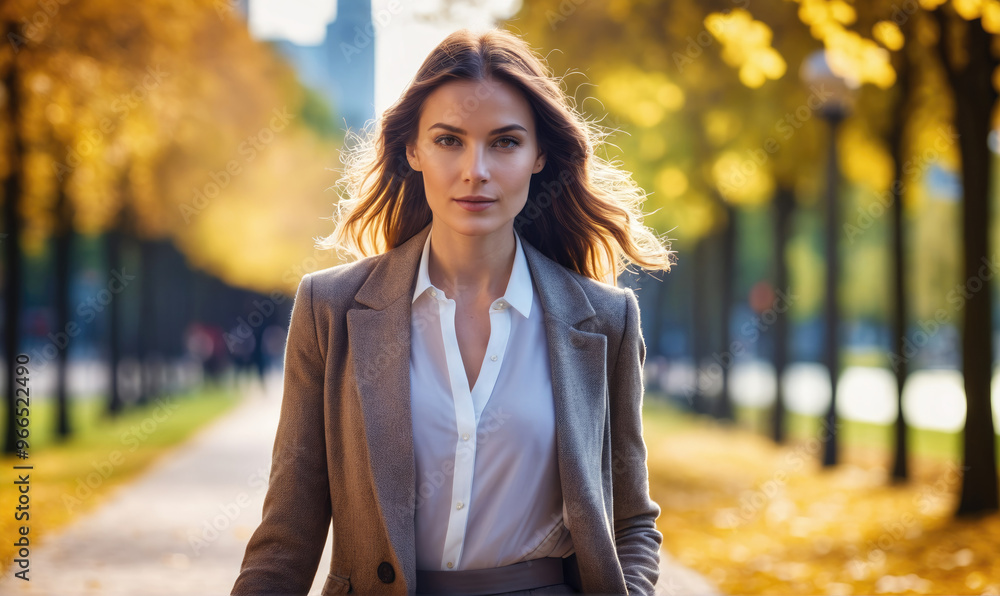 A woman walks down a path lined with trees in autumn A woman walks down a path lined with trees in autumn