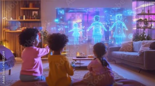 Children engaging with AI tutors in a futuristic classroom, with space for text on the digital screens around them.
