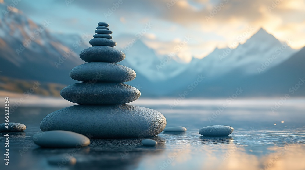 Serene Stone Stack on Water with Mountain View Serene Stone Stack on Water with Mountain View