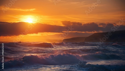 Sunset over the ocean with waves crashing in front of a mountain