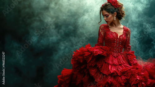 spanish woman in traditional red dress dancing flamenco on dark background, hispanic heritage, national dance, young beautiful latin american brunette girl, spain, culture, female portrait, dancer photo