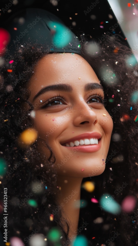 Smiling graduate with confetti celebration, joyful moment. Education and achievement concept Smiling graduate with confetti celebration, joyful moment. Education and achievement concept