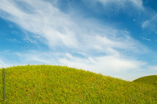 Green grassy hill against a bright blue sky with white wispy clouds.