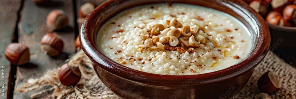 Rice Pudding in Earthenware Casserole Topped with Hazelnuts Rice Pudding in Earthenware Casserole Topped with Hazelnuts