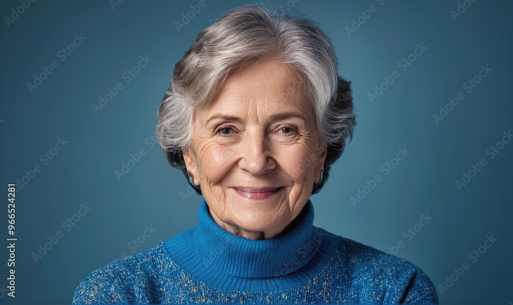 A woman with gray hair smiles at the camera while wearing a blue sweater A woman with gray hair smiles at the camera while wearing a blue sweater