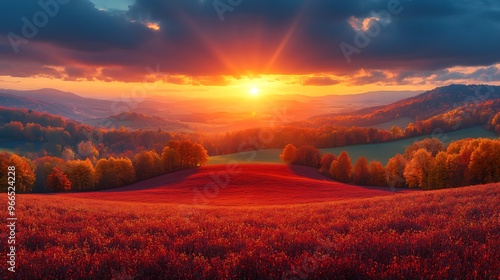 Vibrant sunset over a field of autumn leaves with rolling hills in the background.