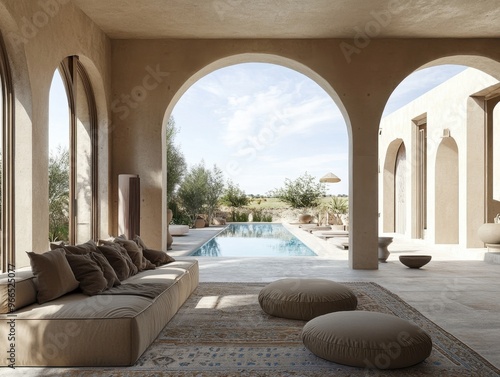 A large open living room with a pool and a patio. The room is filled with furniture and has a warm, inviting atmosphere