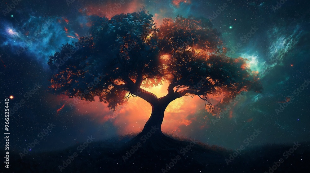 Cosmic Tree Silhouette on Starry Night Cosmic Tree Silhouette on Starry Night