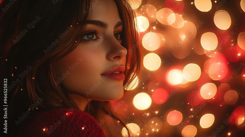 Portrait of a woman with festive bokeh lights, dreamlike atmosphere Portrait of a woman with festive bokeh lights, dreamlike atmosphere