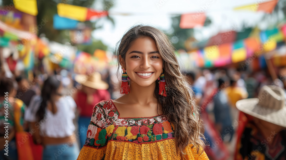 Obraz premium smiling young mexican woman holding mexican flag against background of people with flags on mexico city street, festival, mexican independence day, september 16, celebration, latin american person
