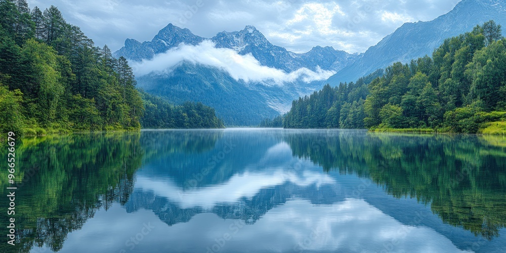 Serene Mountain Lake Reflection with Misty Peaks Serene Mountain Lake Reflection with Misty Peaks