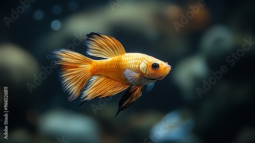 A vibrant orange and black betta fish with long, flowing fins swims through the water in an aquarium.