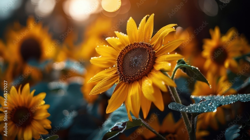 Naklejka premium Sunflower field in full bloom, vibrant and expansive, Botanical, Bright yellows, Photograph, Floral abundance