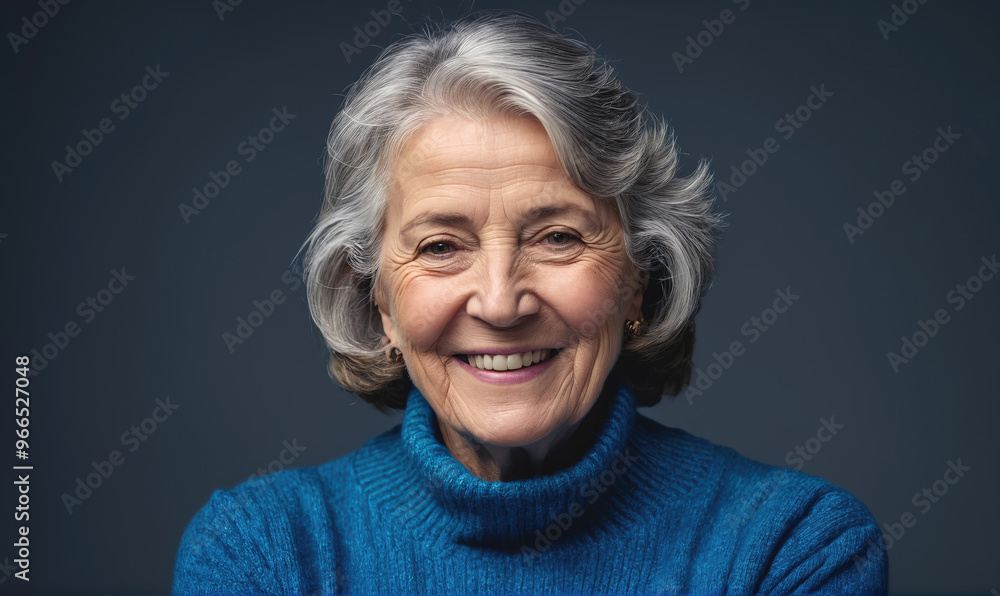 A senior woman with gray hair smiles warmly at the camera while wearing a blue sweater A senior woman with gray hair smiles warmly at the camera while wearing a blue sweater