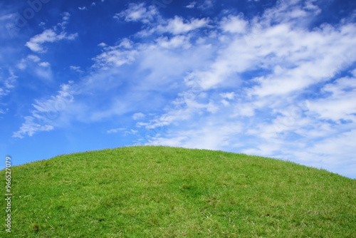 Lush green grass hill under a blue sky with white clouds.