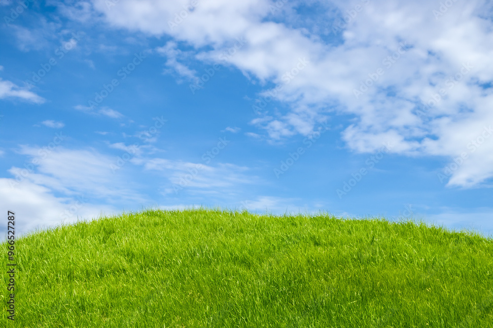 Green grass hill with blue sky and clouds. Green grass hill with blue sky and clouds.