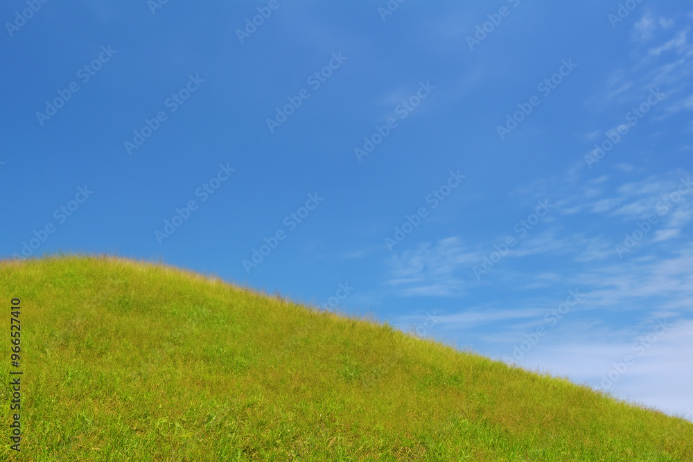 Lush green grass hill against a bright blue sky with white clouds. Lush green grass hill against a bright blue sky with white clouds.