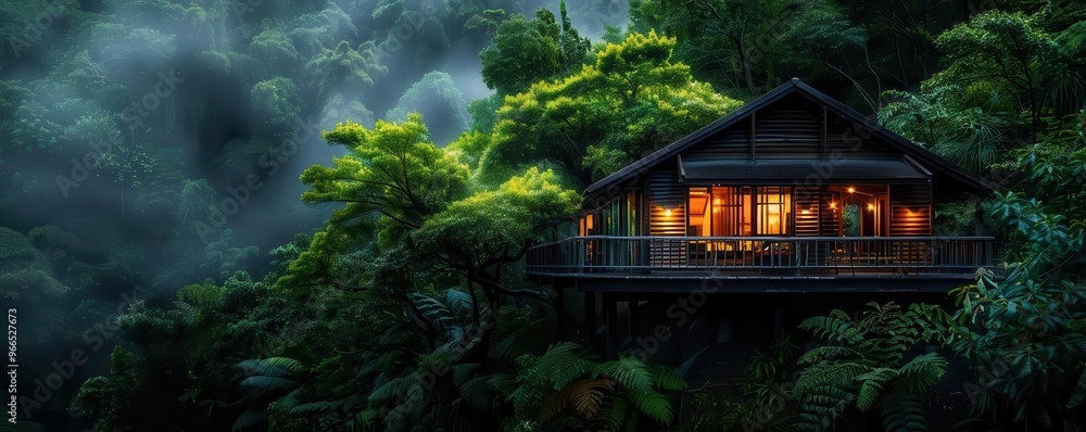 Obraz premium Treehouse retreat in a dense forest, serene and cozy, Nature, Soft greens, Photograph, Elevated living