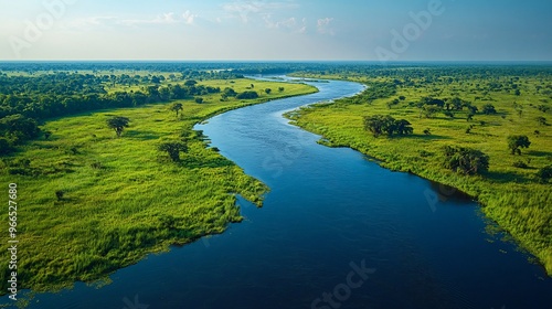 Sinuous river meandering through lush green pantanal wetlands