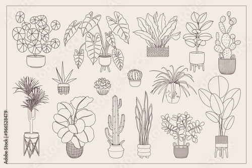 Potted plant outline icon set. Line art indoor house plants in flowerpots. Doodle sketch house plants in pots for home decor. Botanical vector illustration for cards, banners, web design, and posters.