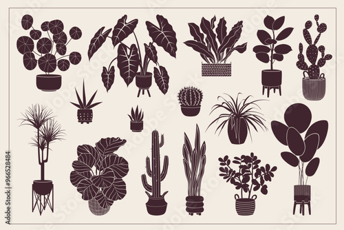 Potted plant silhouette icon set. Indoor house plants in flowerpots. Doodle sketch home flowers in pots for home decor. Botanical vector illustration for cards, banners, web design, and posters.