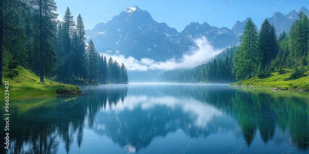Fototapeta premium Mountain Lake Reflecting Peaks and Forest