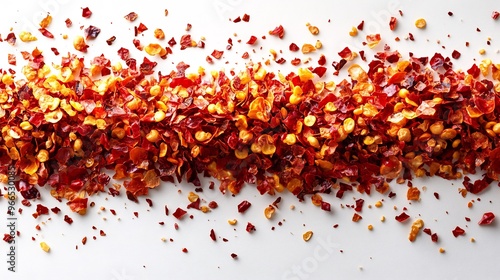 Crushed red pepper flakes forming bold scattered texture across a white background